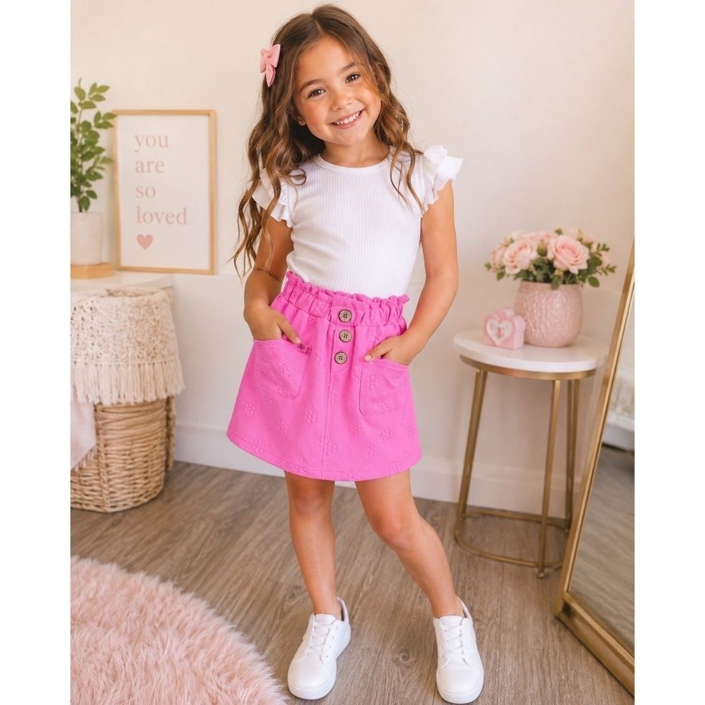 Janette Lepore Girls Pink Floral Textured Skort Size 8 Paperbag Waist